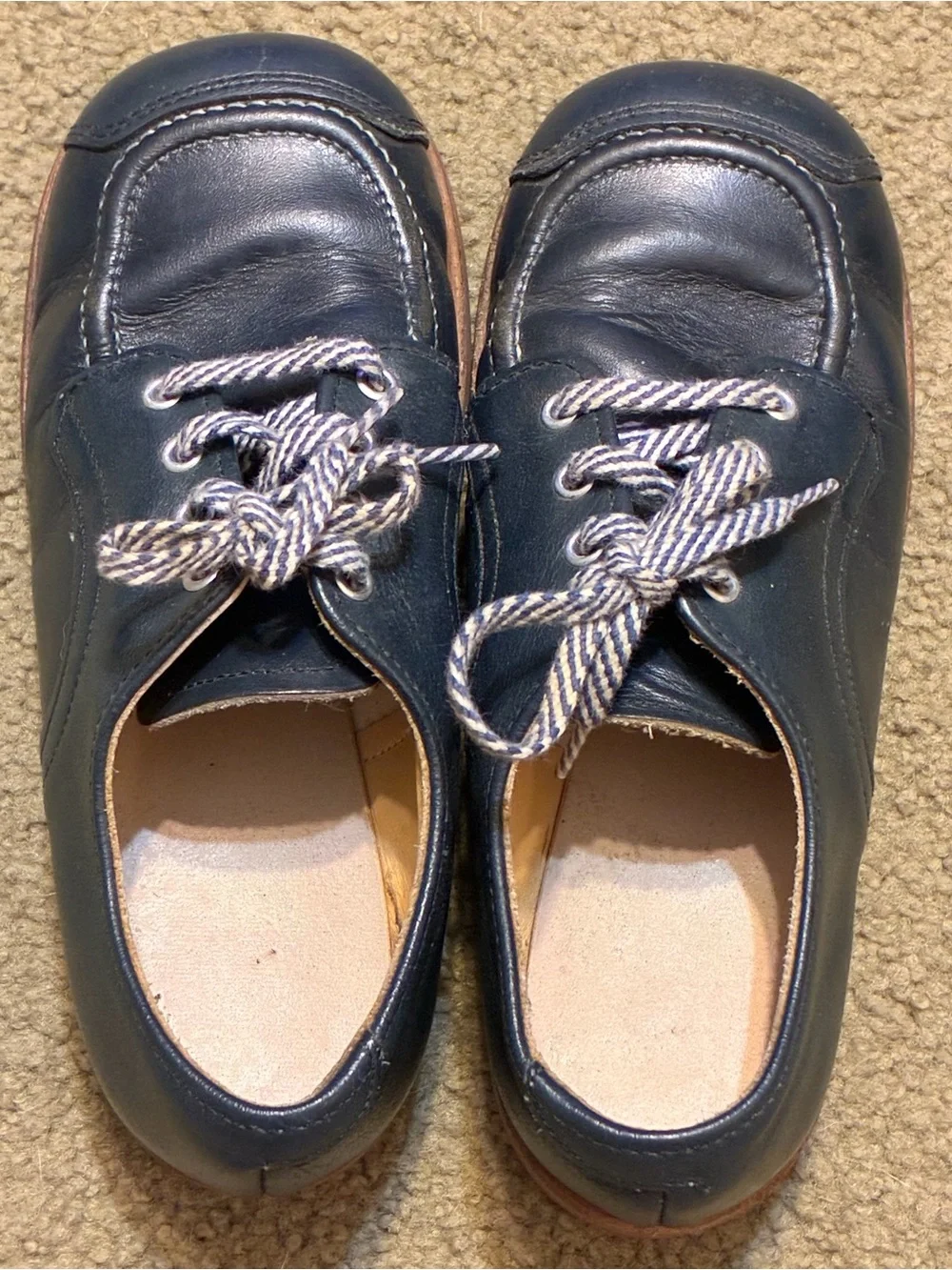 Vintage 60/70s Kids Navy Blue Leather Casual Lace-Up Scuff Tip Shoes Youth 12EE